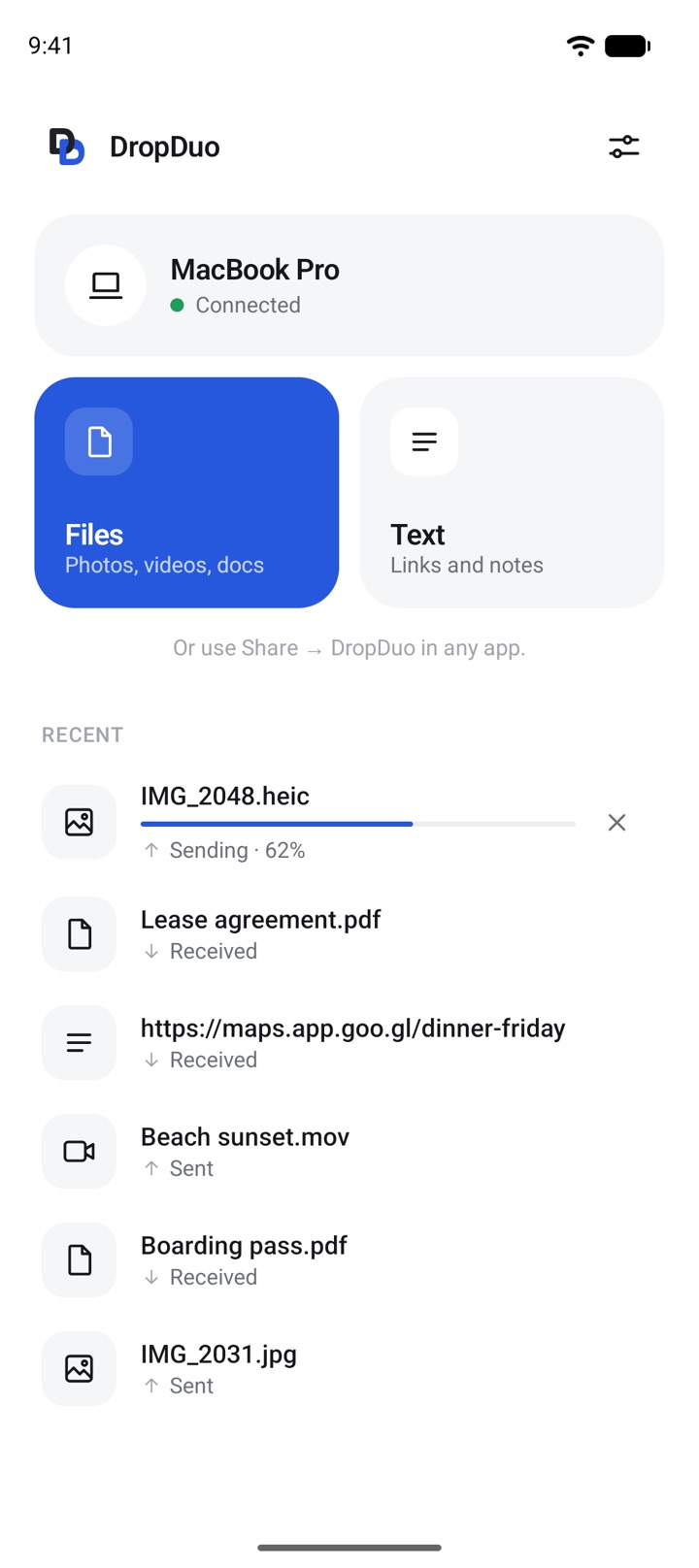 DropDuo on Android, connected to a MacBook Pro with recent transfers listed.
