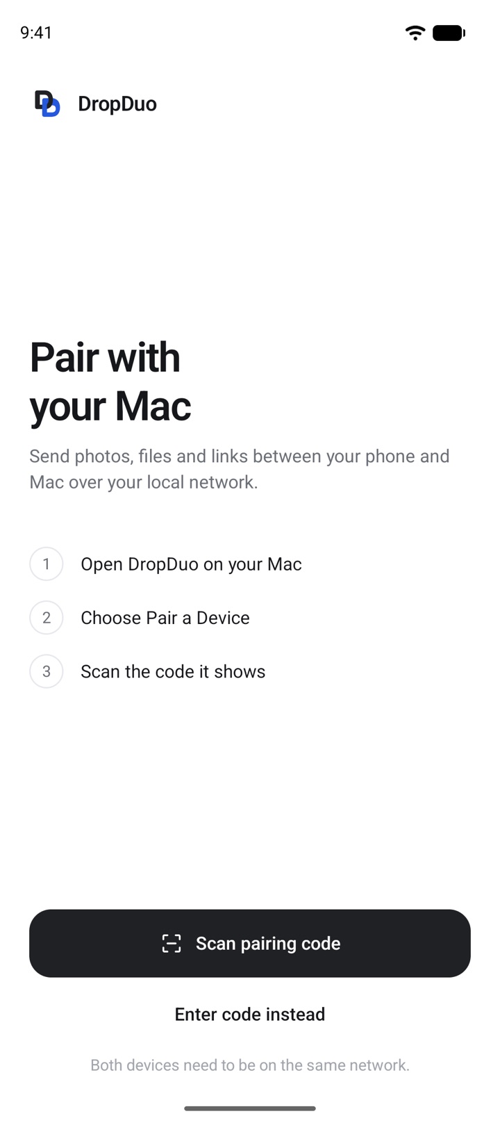 DropDuo on Android, ready to scan a pairing code from your Mac.